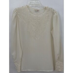 Lloyd Williams Vintage Cream Hand Embroidered Blouse Long Sleeve Scallop Neck 12